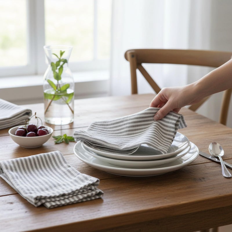 Eight Owls Linen Napkins â€“ Stonewashed Pure Linen Stripe Cloth Dinner Napkins â€“ Created from French Flax - Mitered Corners â€“ Set of 4 (Gray Stripe) - Image 5